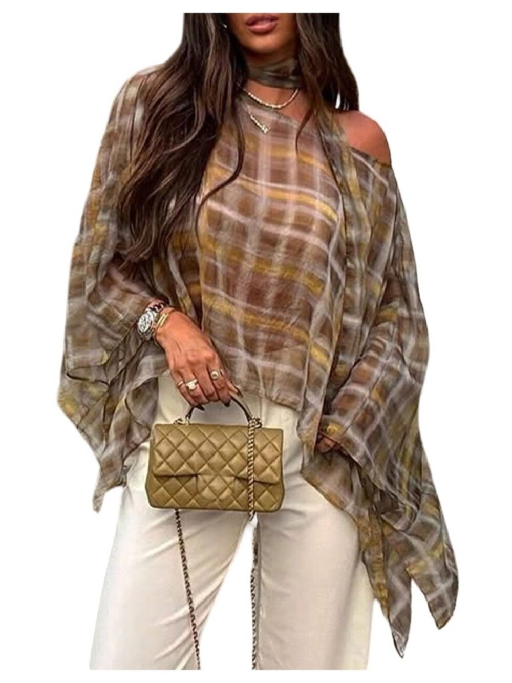 Women's Poncho Tops Sheer Shawl Plaid Gingham Halter Cape Top